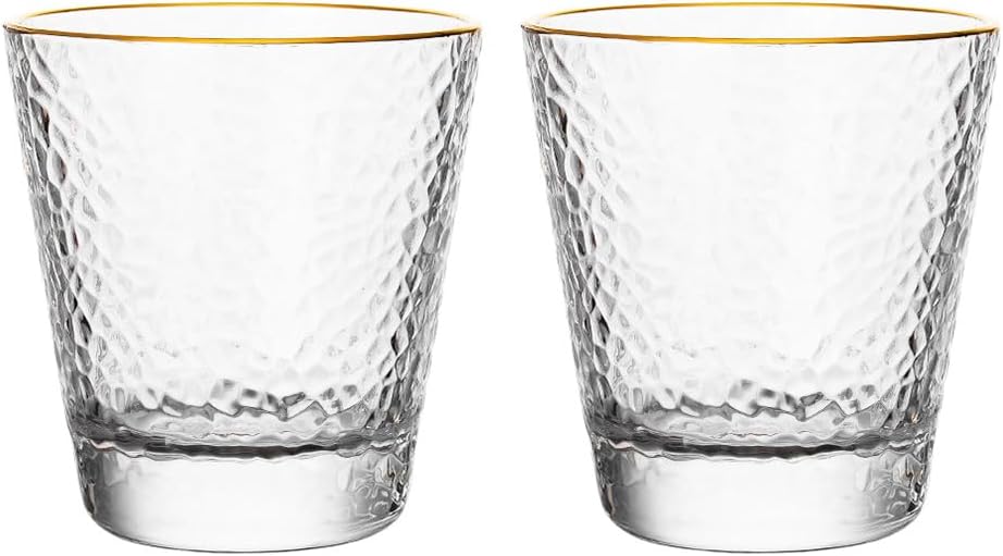Hammered Gold Rim Vintage Glass -Whiskey Glasses, Home Tea and Water Cup, Japanese Style (Thickening Short Gold Edge)