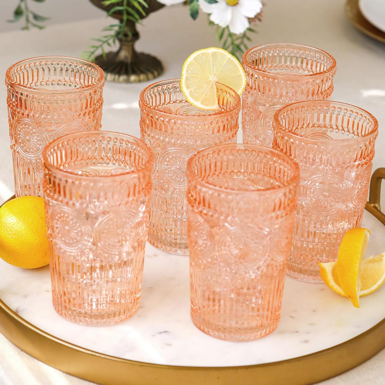 24PCS Textured Rose Gold Striped Drinking Glasses, (13 oz) Vintage Glassware Set Cocktail Glass Set, Juice Glass, Water Cups | Hostess Gift, Present for Newlyweds or New Home Owners