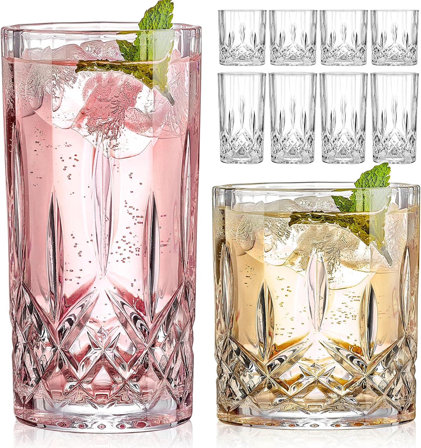 Drinking Glasses, 8 Piece Crystal Glass Cups, Mixed Glassware Set, 4 pcs Crystal Old Fashioned 11oz Highballs and 4 pcs 11oz Whiskey Glasses, Great for Cocktail, Whisky and other Beverages