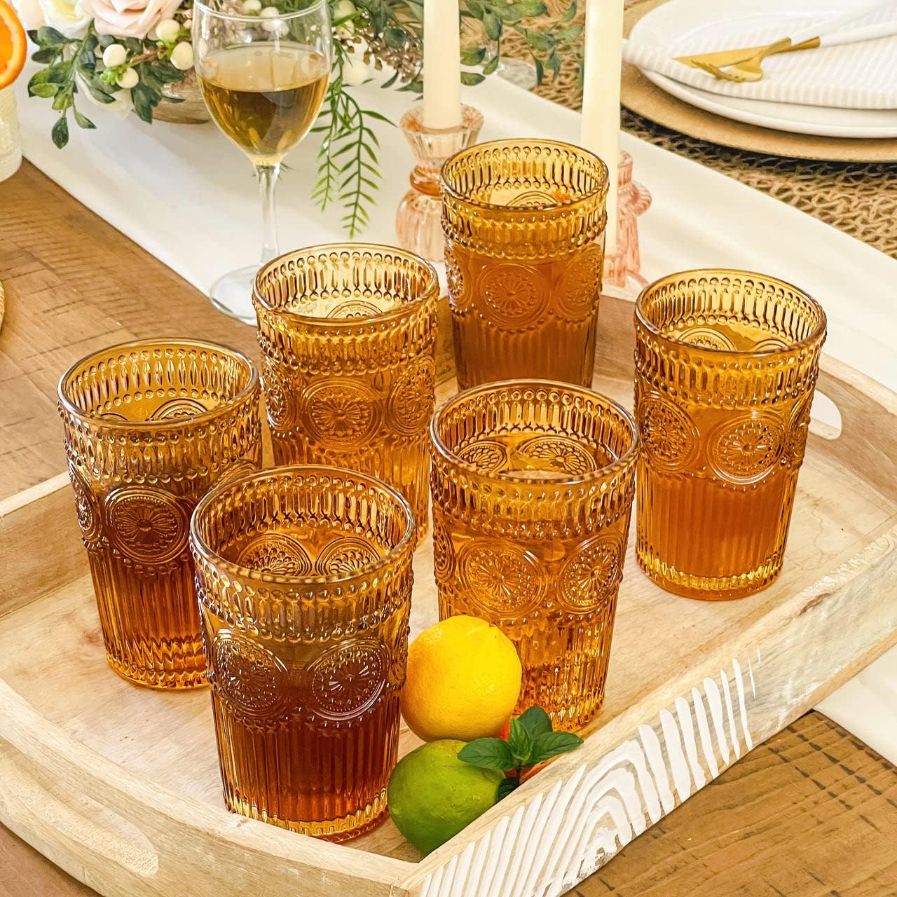 Vintage Textured Amber Striped Drinking Glasses Set of 24, (13 oz) Ribbed Glassware with Flower Design | Cocktail Set, Juice Glass, Water Tumbler
