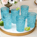24PCS Textured Aqua Blue Striped Drinking Glasses, (13 oz) Vintage Glassware Set Cocktail Glass Set, Juice Glass, Water Cups | Hostess Gift, Present for Newlyweds or New Home Owners