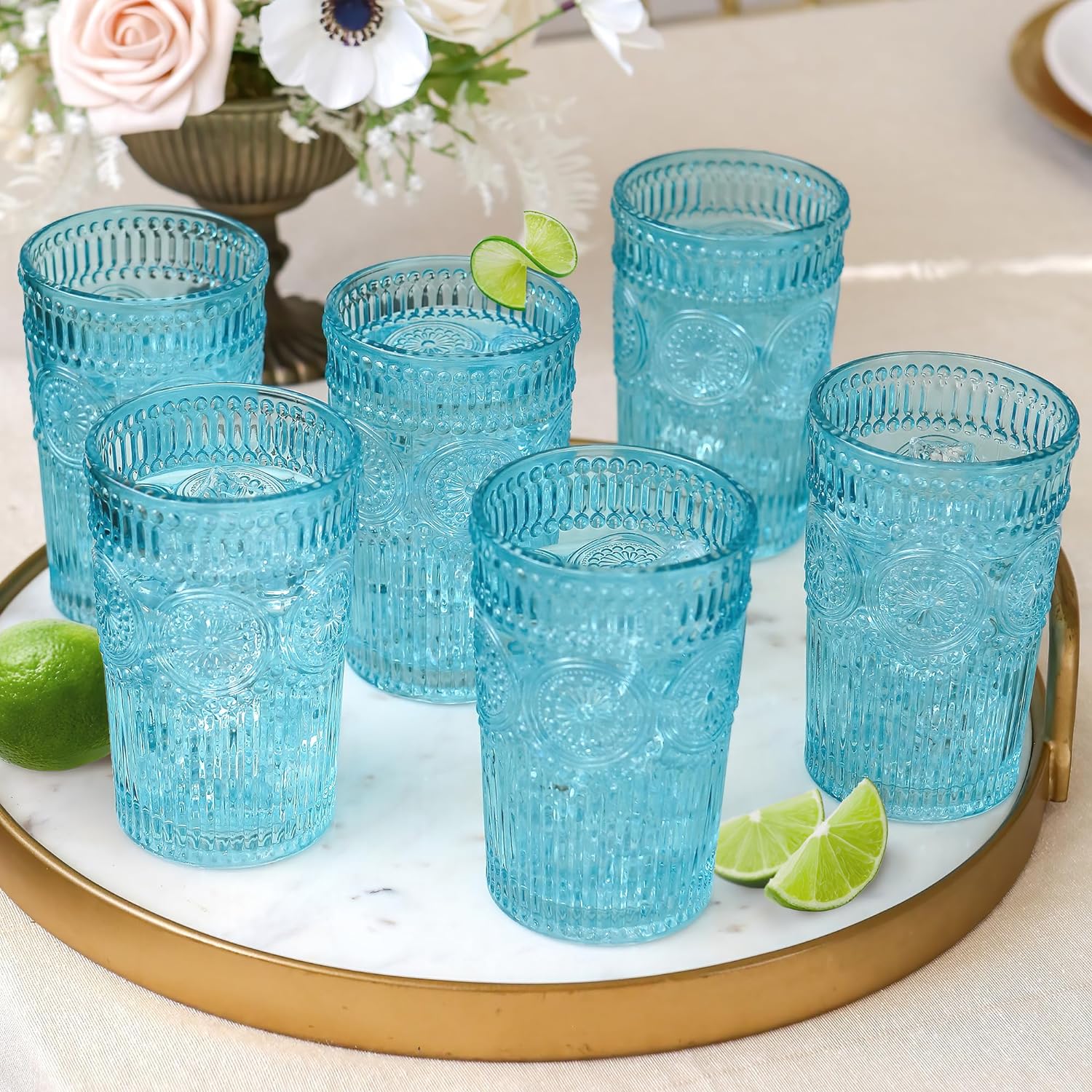 24PCS Textured Aqua Blue Striped Drinking Glasses, (13 oz) Vintage Glassware Set Cocktail Glass Set, Juice Glass, Water Cups | Hostess Gift, Present for Newlyweds or New Home Owners