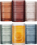 Colored  Drinking Glasses Set of 6, 12oz Vintage Kitchen Glassware, Embossed Beed Glass Cups, Water Glasses, Beed Colorful Water Tumbler for Cocktail, Juice and Various Mixed Drinks