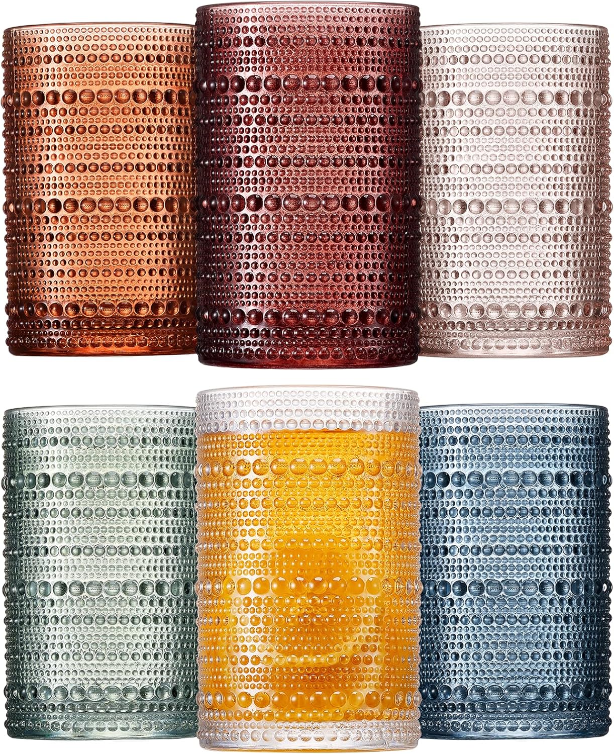 Colored  Drinking Glasses Set of 6, 12oz Vintage Kitchen Glassware, Embossed Beed Glass Cups, Water Glasses, Beed Colorful Water Tumbler for Cocktail, Juice and Various Mixed Drinks